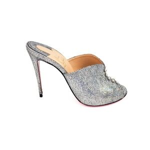 Christian Louboutin Predumule 100 Silver Leather Mica Studded Mule Heels EU 38